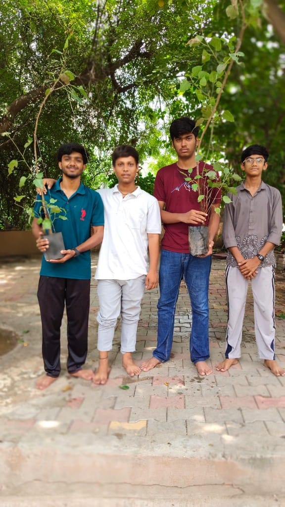 Volunteers holding saplings for plantation during temple cleanliness and seva program